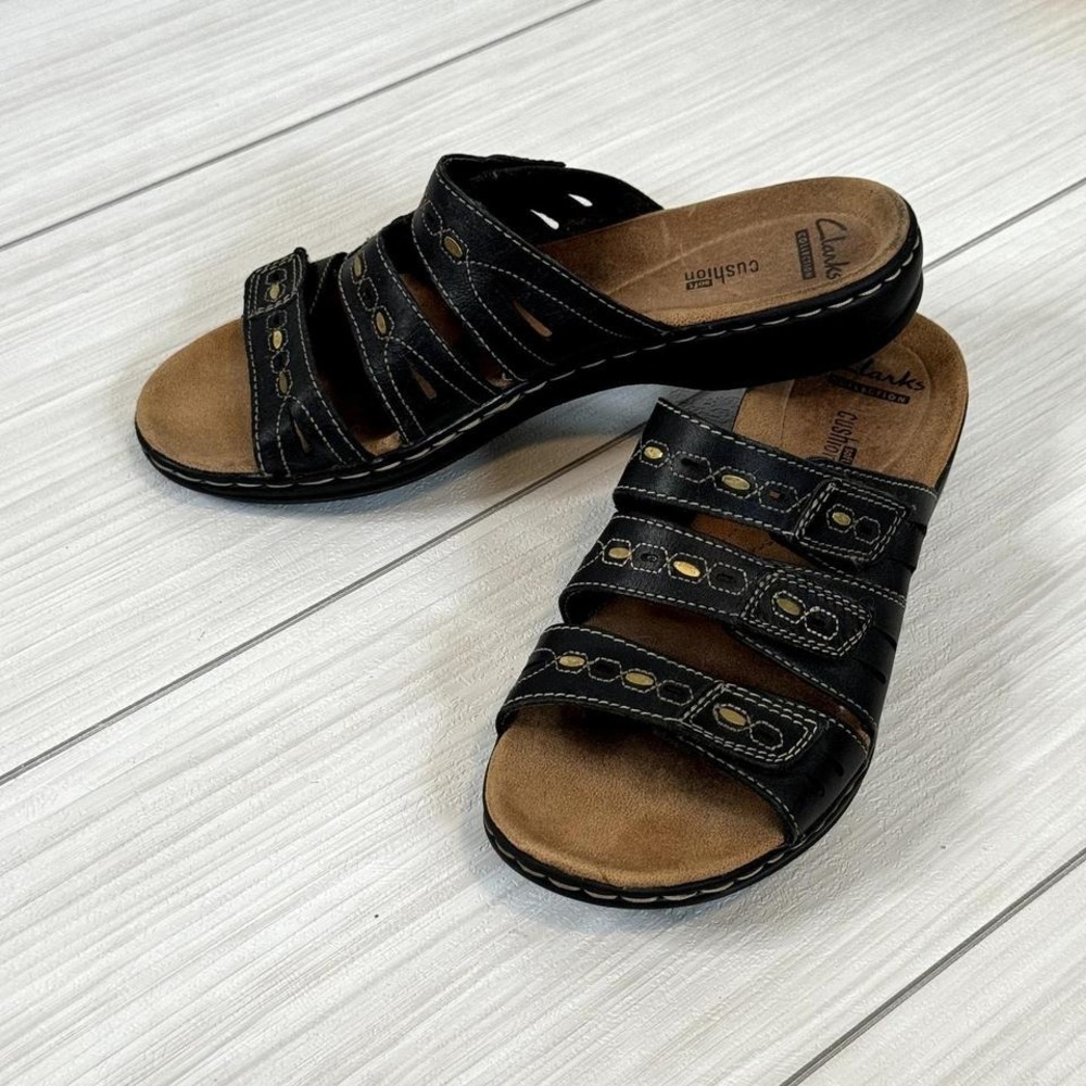 Clarks Collection Black Leather Slide Sandals Cus… - image 2